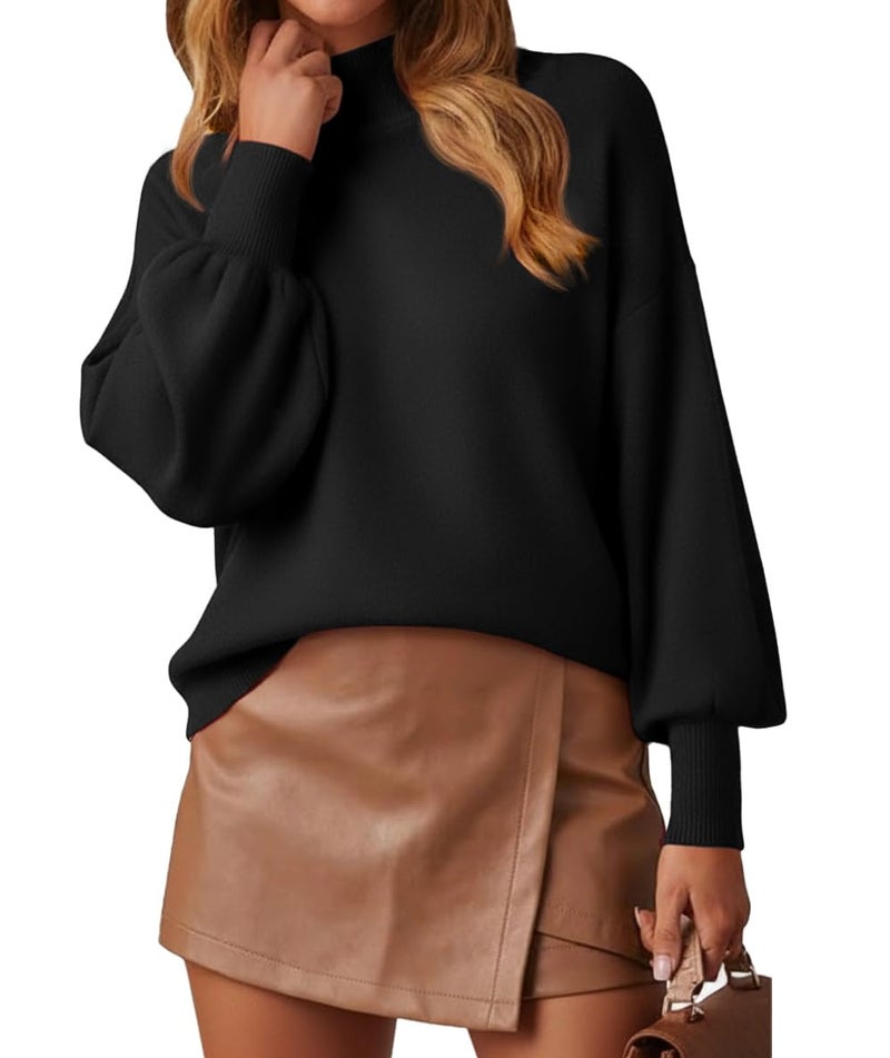 WEACZZY Black Sweaters for Women 2025 Dressy Casual Long Lantern Sleeve Oversized Pullover Sweater Knitted Fall Fashion Tops Black L - Image 1